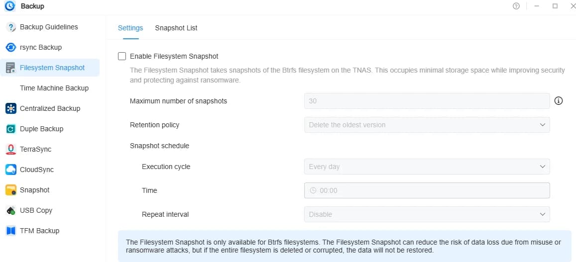 Screenshot der Backup-Anwendung in TerraMaster TOS 7